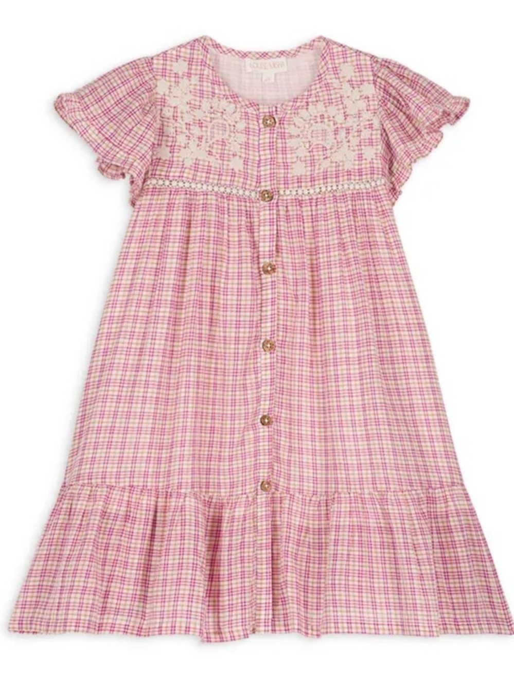 Girls' Pink Plaid Nightgown with Lace Yoke
